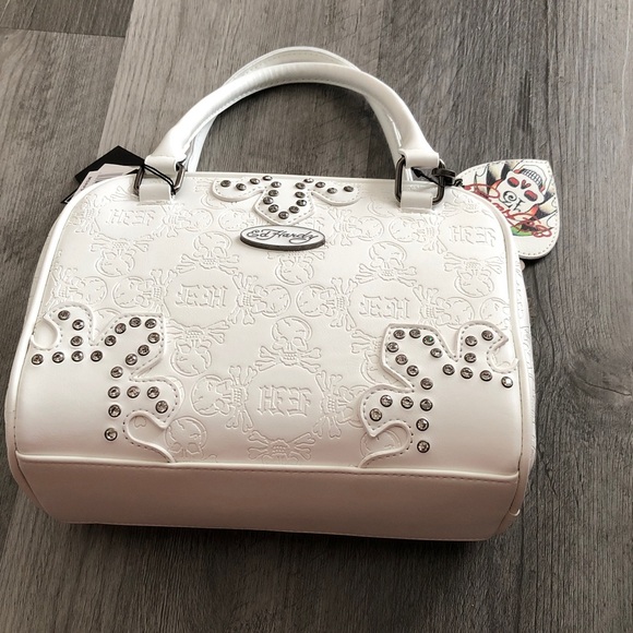 Ed Hardy White Faux Leather Satchel Embossed Skull & Rhinestones Bag Charm NWT - Picture 3 of 16